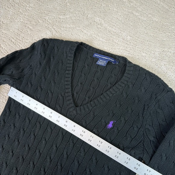 Women's Ralph Lauren Sport Large Black Cotton Cable Knute V Neck Sweater Preppy - Picture 4 of 6